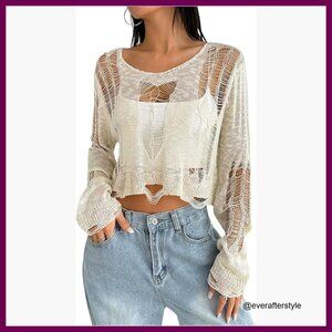 Ripped See Through Crop Sweater Pullover 100% Acrylic Gothic Grunge
